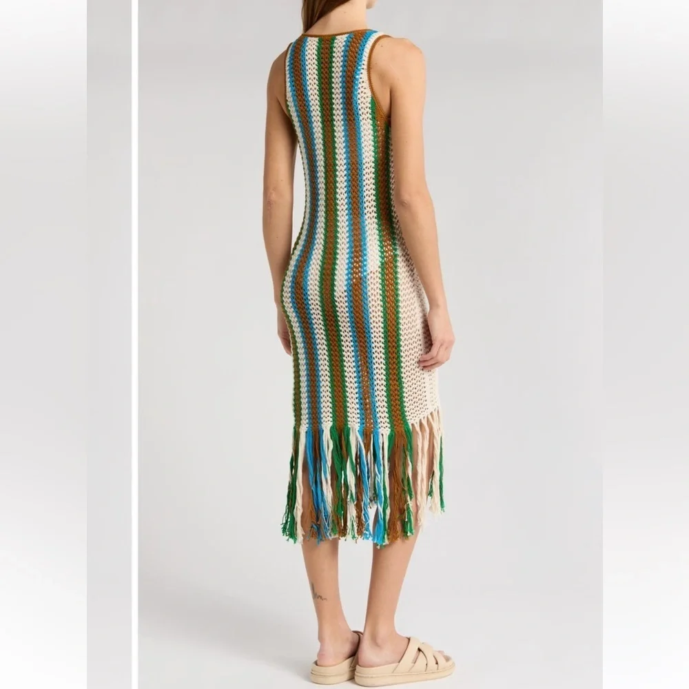 NWT MOTHER the benefits cotton Multicolor Crochet Fringe midi dress medium - Picture 2 of 3